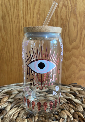 16 oz glass cup Evil Eye